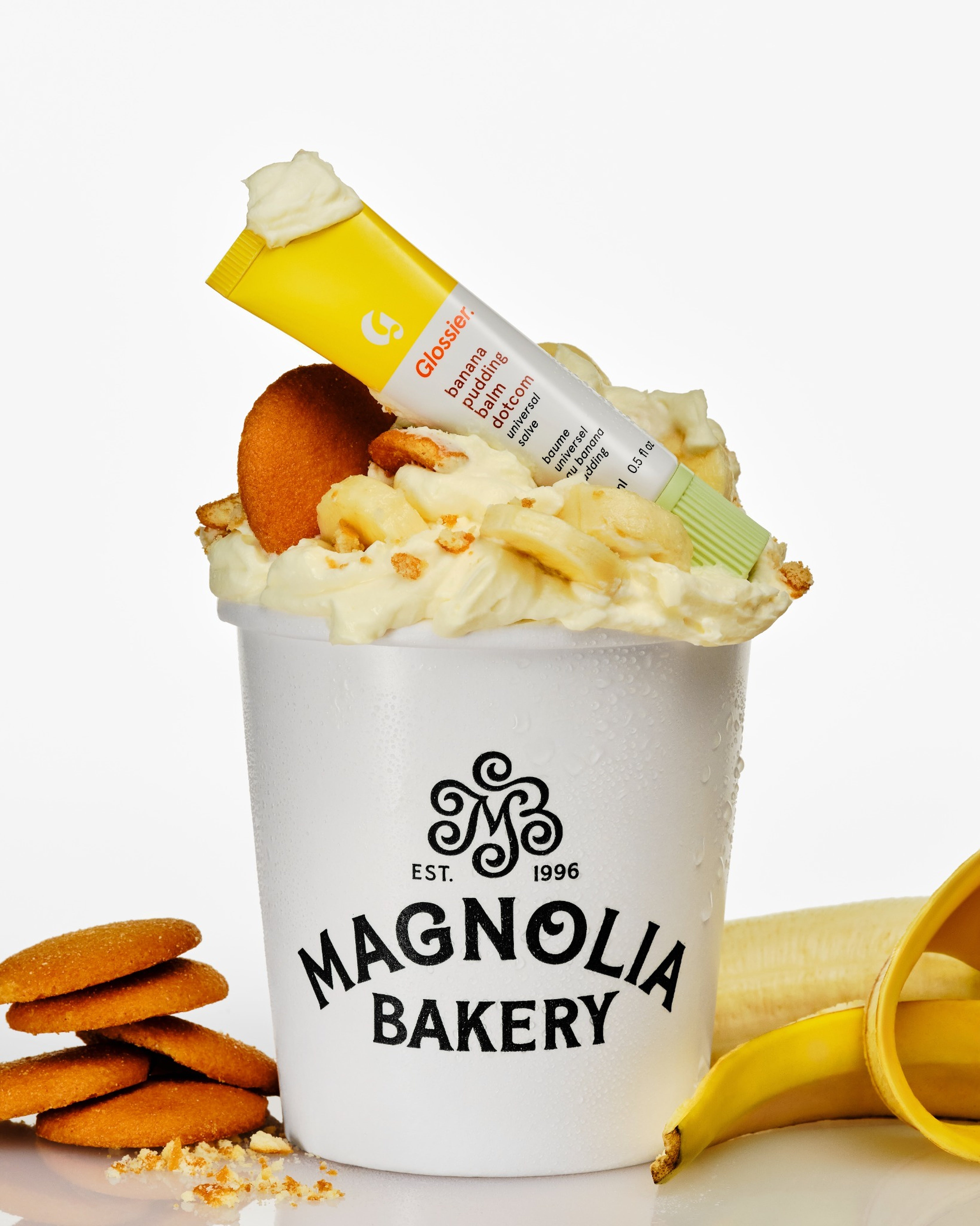Magnolia Bakery banana pudding and Glossier Banana Pudding Balm Dotcom